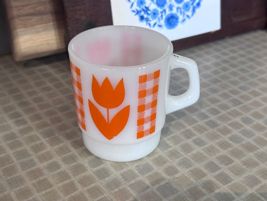 Termocrisa Milk Glass Orange Tulip & Gingham Mug