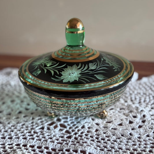 Czech Bohemian Lidded Glass Cut Footed Bowl