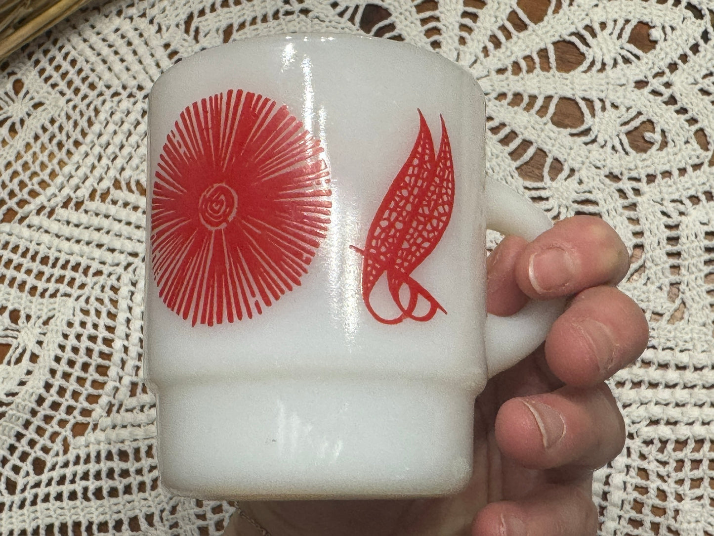 Anchor Hocking Fire-King Red Feathered Floral Stackable Milk Glass Mug