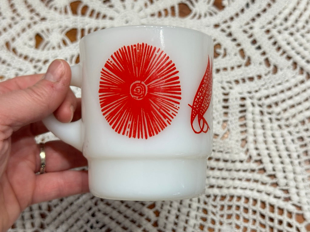 Anchor Hocking Fire-King Red Feathered Floral Stackable Milk Glass Mug