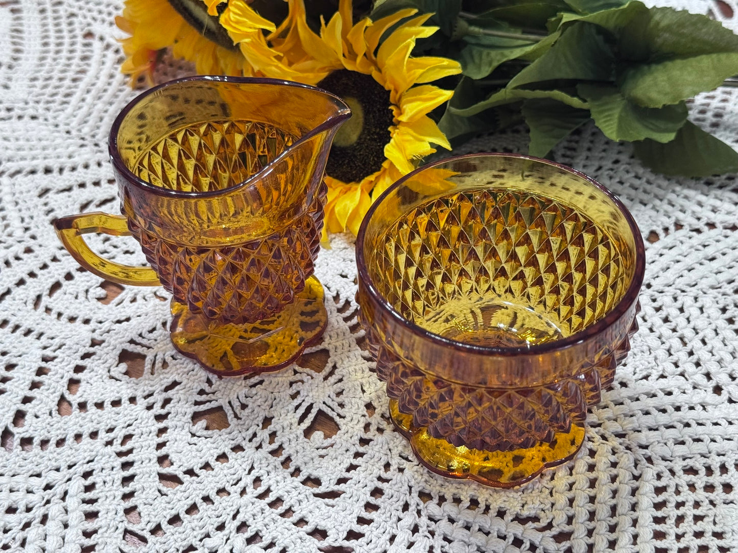 Diamond Point Amber Creamer & Sugar Bowl Set