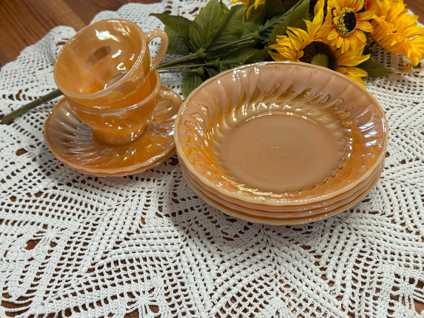 Anchor Hocking Fire-King Peach Luster Soup Bowls Swirl Pattern