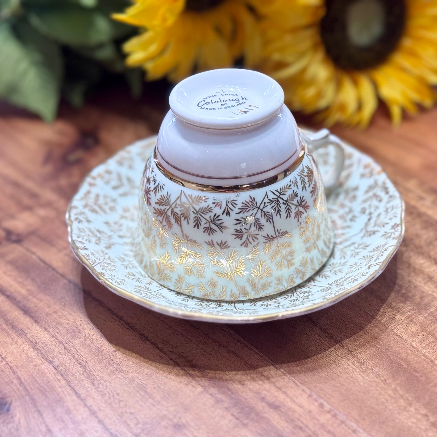 Colclough Gold Leaves on Mint Green Teacup & Saucer Set