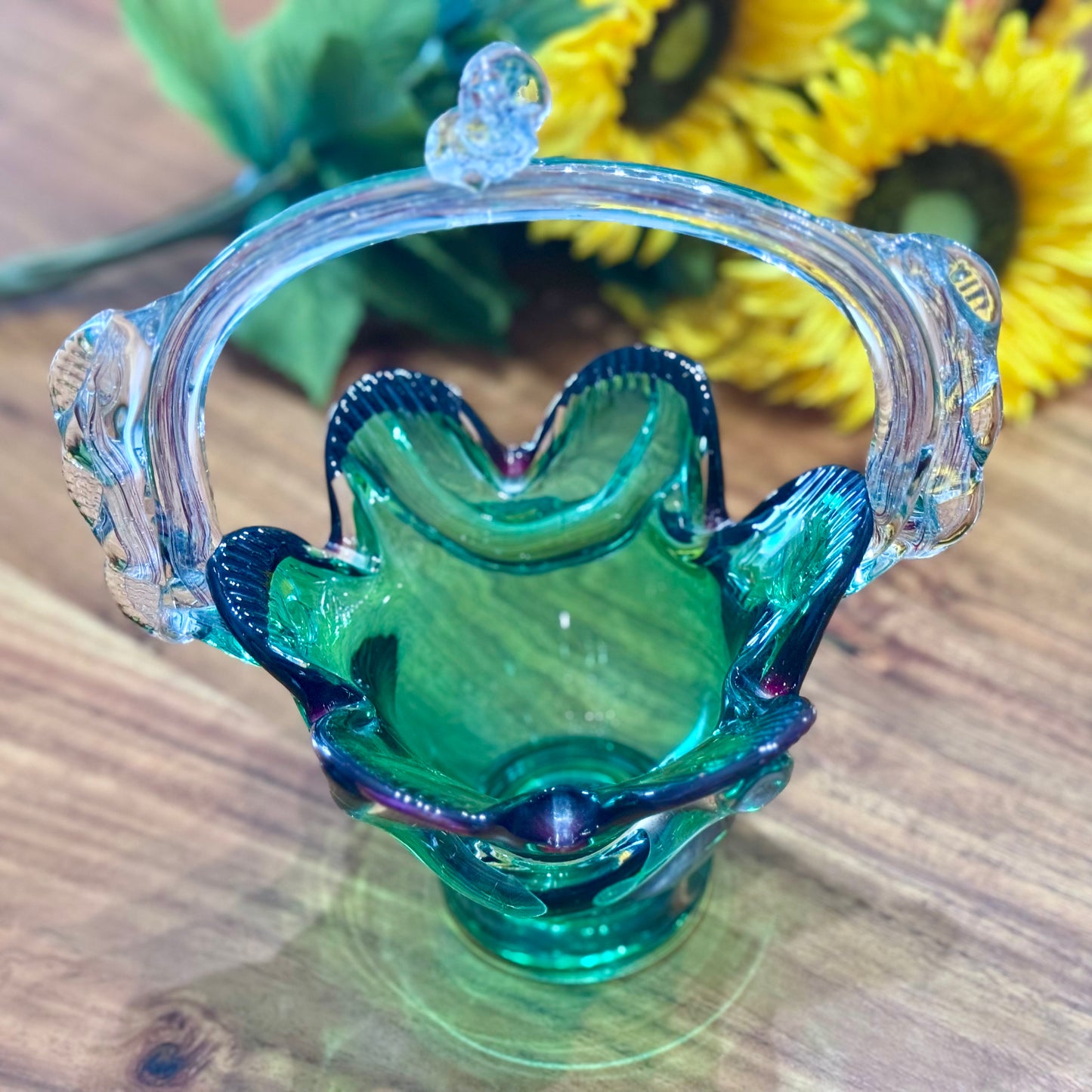 Murano Green Glass Basket Vase