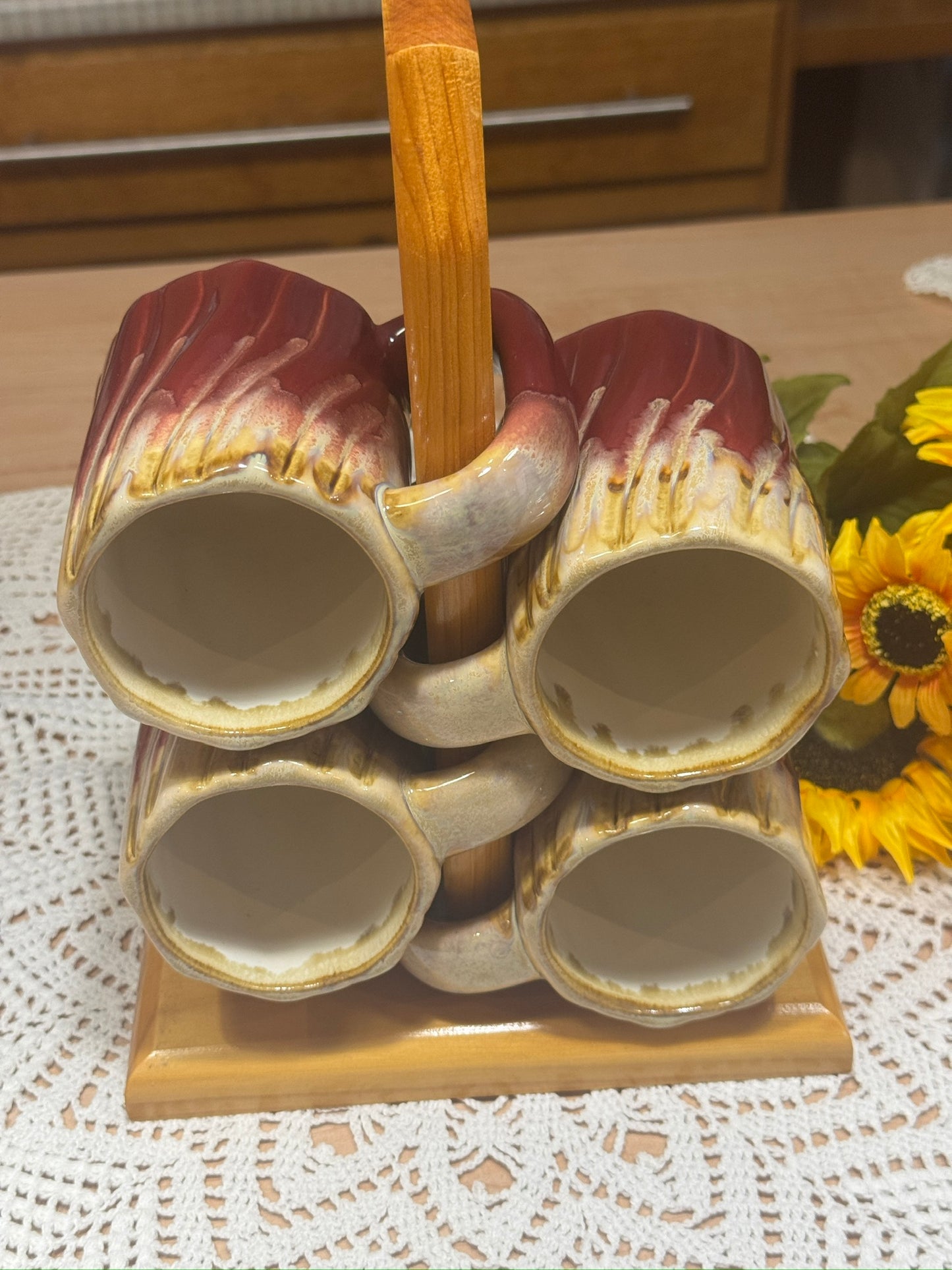 Rodolfo Padilla Stoneware Mugs With Wood Rack
