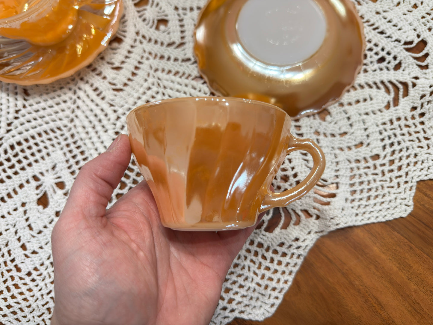 Anchor Hocking Fire King Peach Luster Swirl Demitasse Cup & Saucer