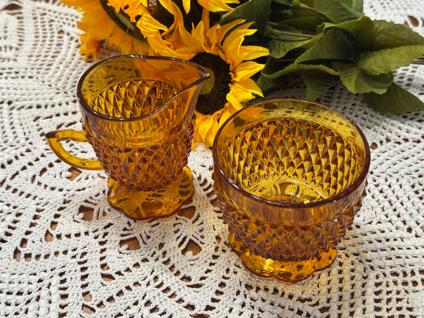 Diamond Point Amber Creamer & Sugar Bowl Set