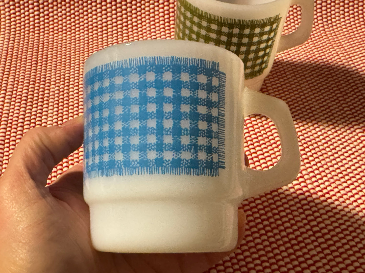 Anchor Hocking Fire-King Stackable Gingham Milk Glass Mugs