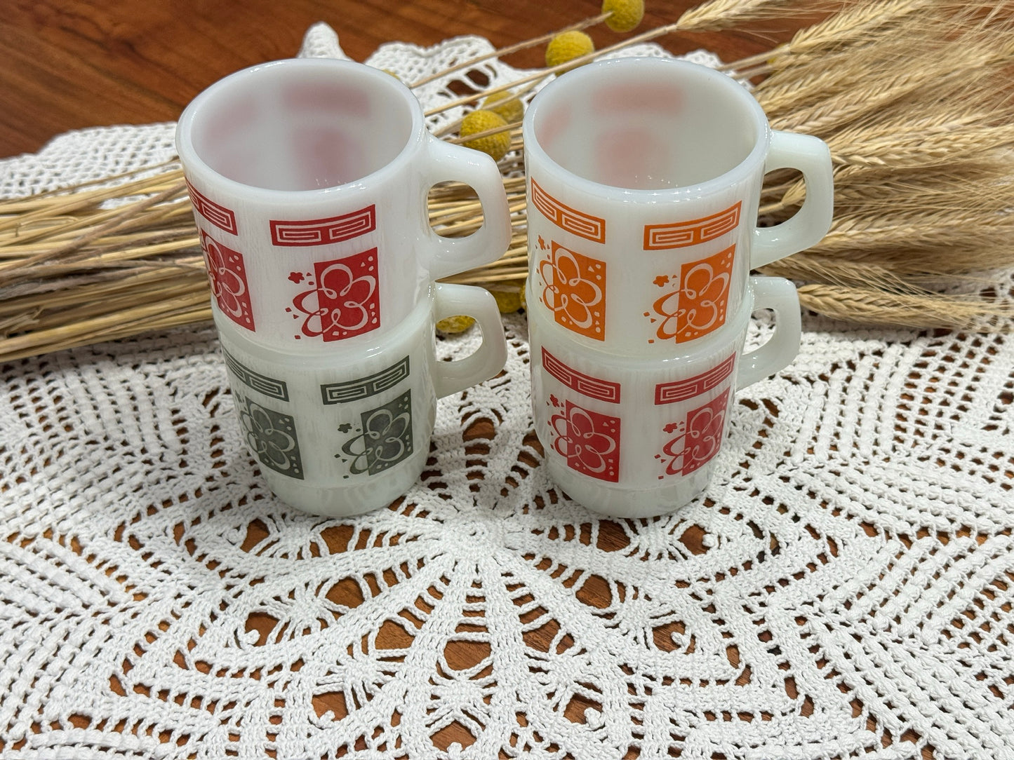 Anchor Hocking Fire-King Stackable Atomic Cloud/Flower Milk Glass Mugs