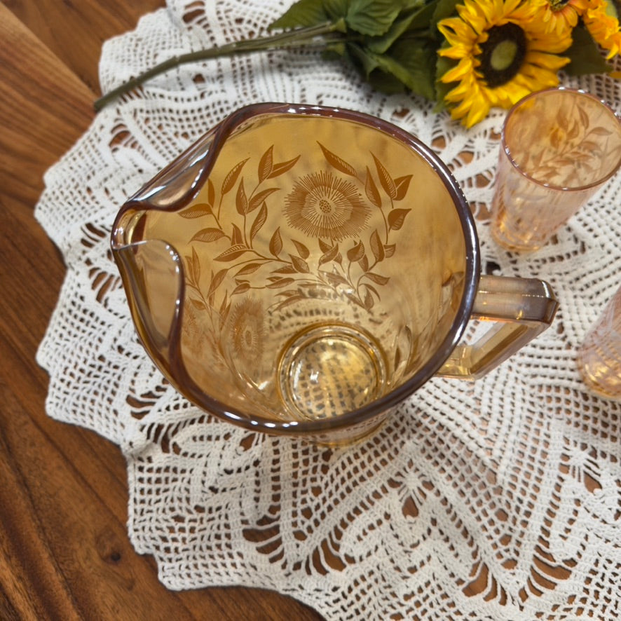 Jeannette Marigold Carnival Glass Pitcher & Glasses