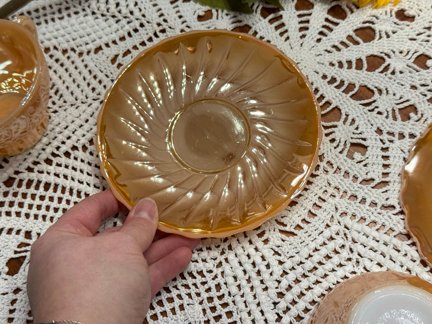 Anchor Hocking Fire King Peach Luster Swirl Demitasse Cup & Saucer