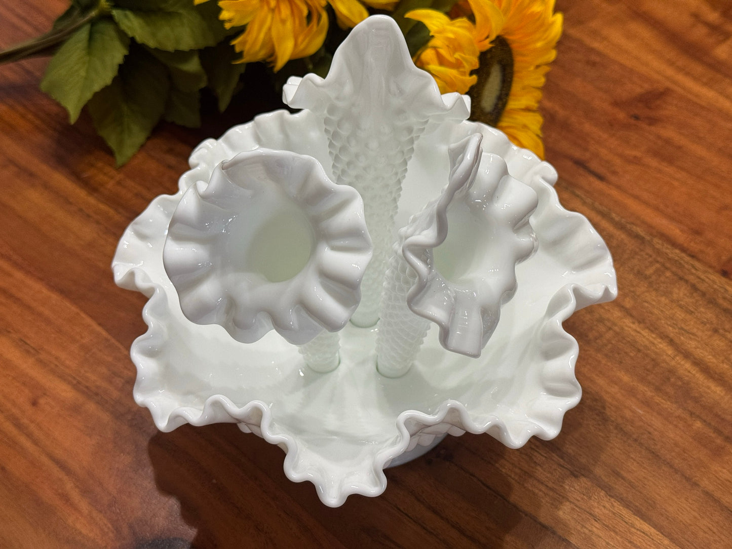 Fenton Hobnail Milk Glass Epergne Ruffled Bowl with Three Horns