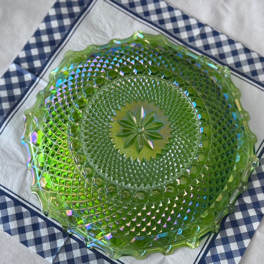 Green Indiana/Carnival Glass Ruffled Plate