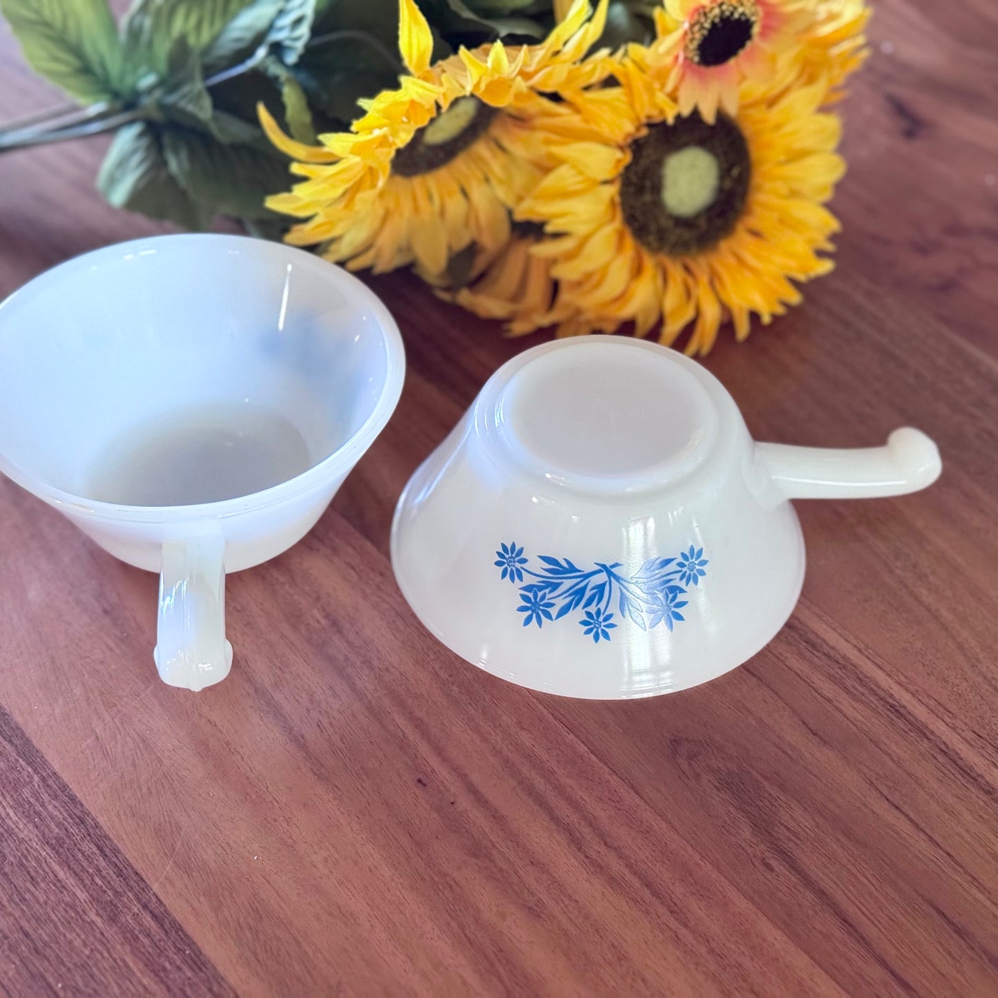 Fire-King Milk Glass Blue Cornflower Handled Soup/Cereal Bowl