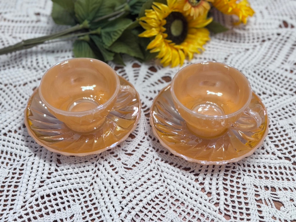 Anchor Hocking Fire King Peach Luster Swirl Demitasse Cup & Saucer