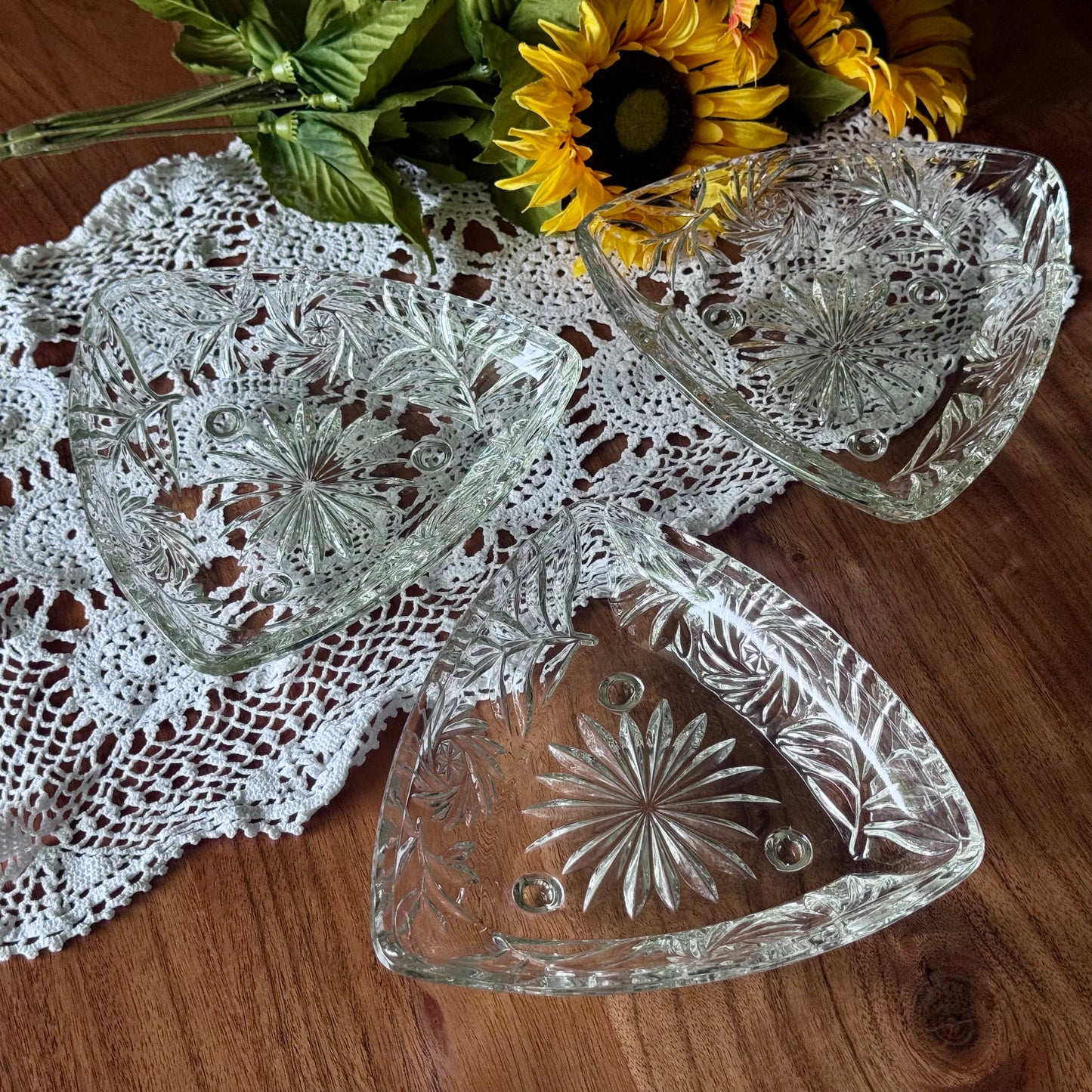 Vintage Hazel Atlas Triangle Footed Cut Glass Dish