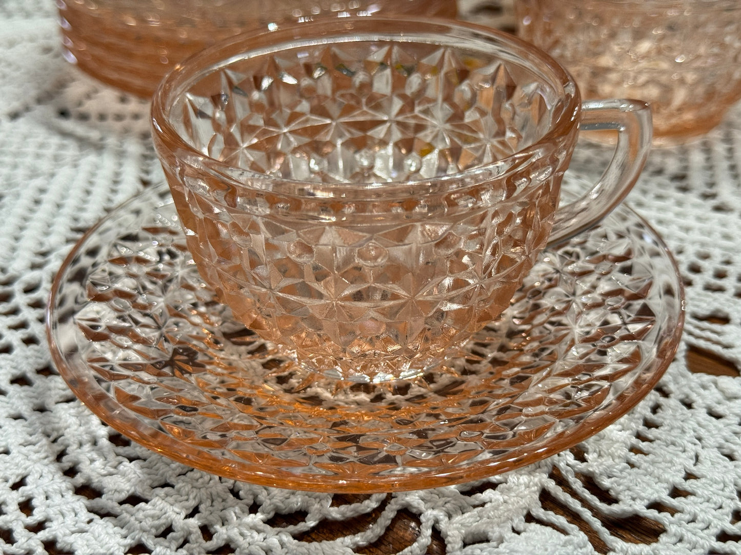 Pink Jeannette Depression Glass 'Holiday Buttons and Bows' Teacup & Saucer Set