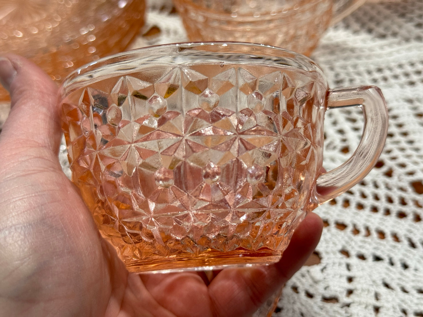 Pink Jeannette Depression Glass 'Holiday Buttons and Bows' Teacup & Saucer Set