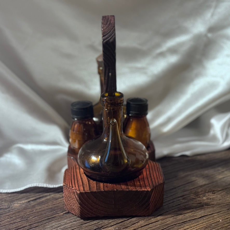 Amber Glass Cruet Set with Wood Base