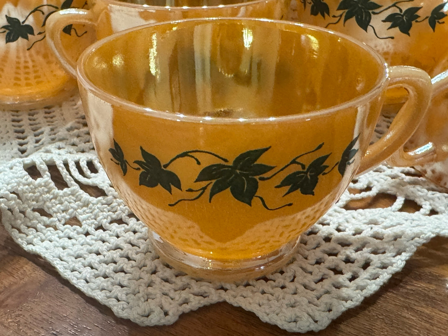 Anchor Hocking Fire-King Peach Luster 'Green Ivy' Punch Bowl Set