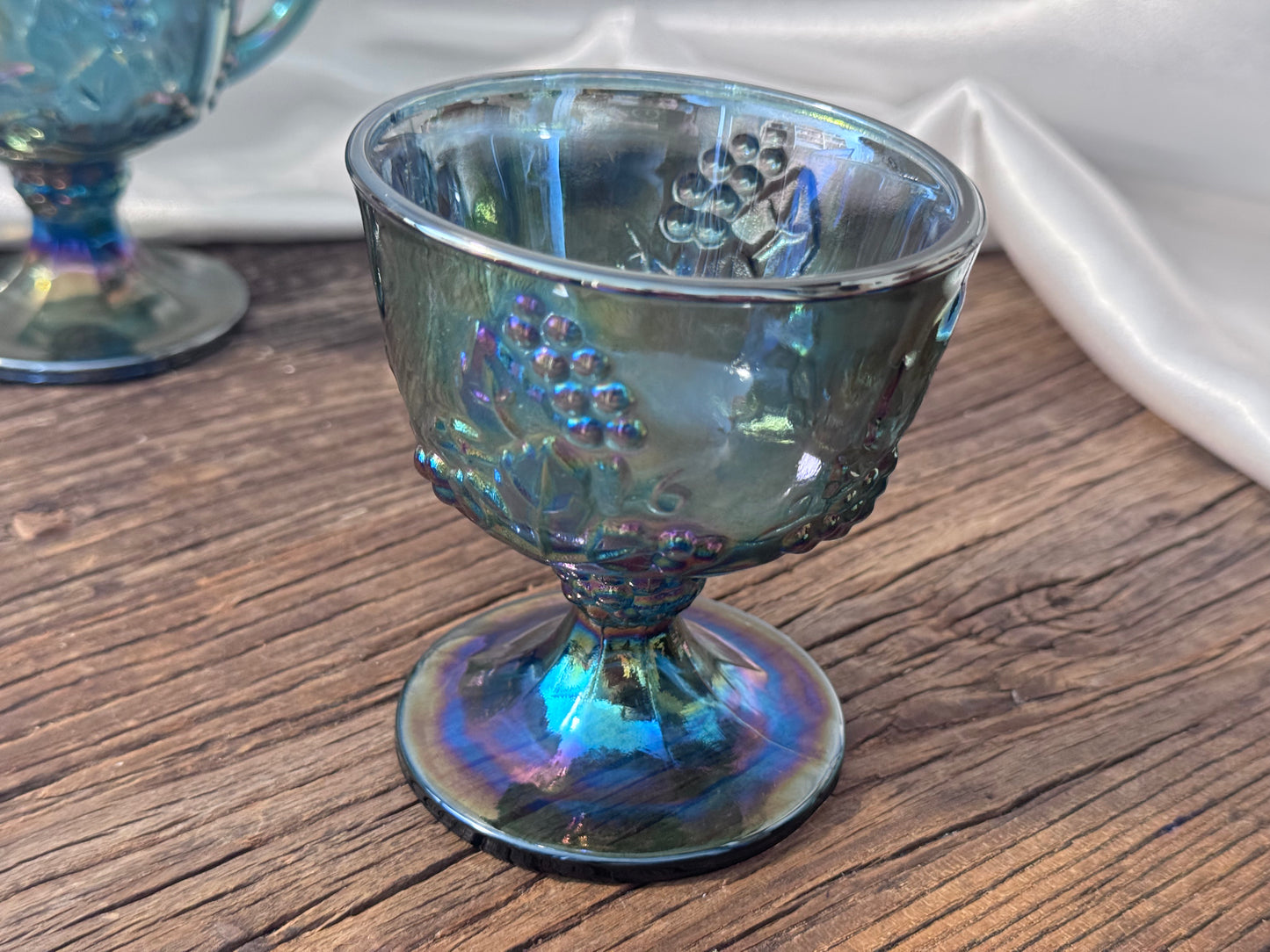 Indiana Blue Carnival Glass Harvest Grape Cream and Sugar Set