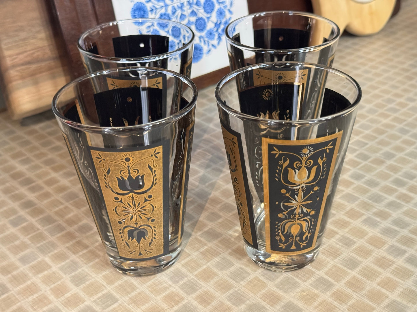 Dominion Glass Black & Gold Tulip Print Design Drinking Glasses (Set of 4)
