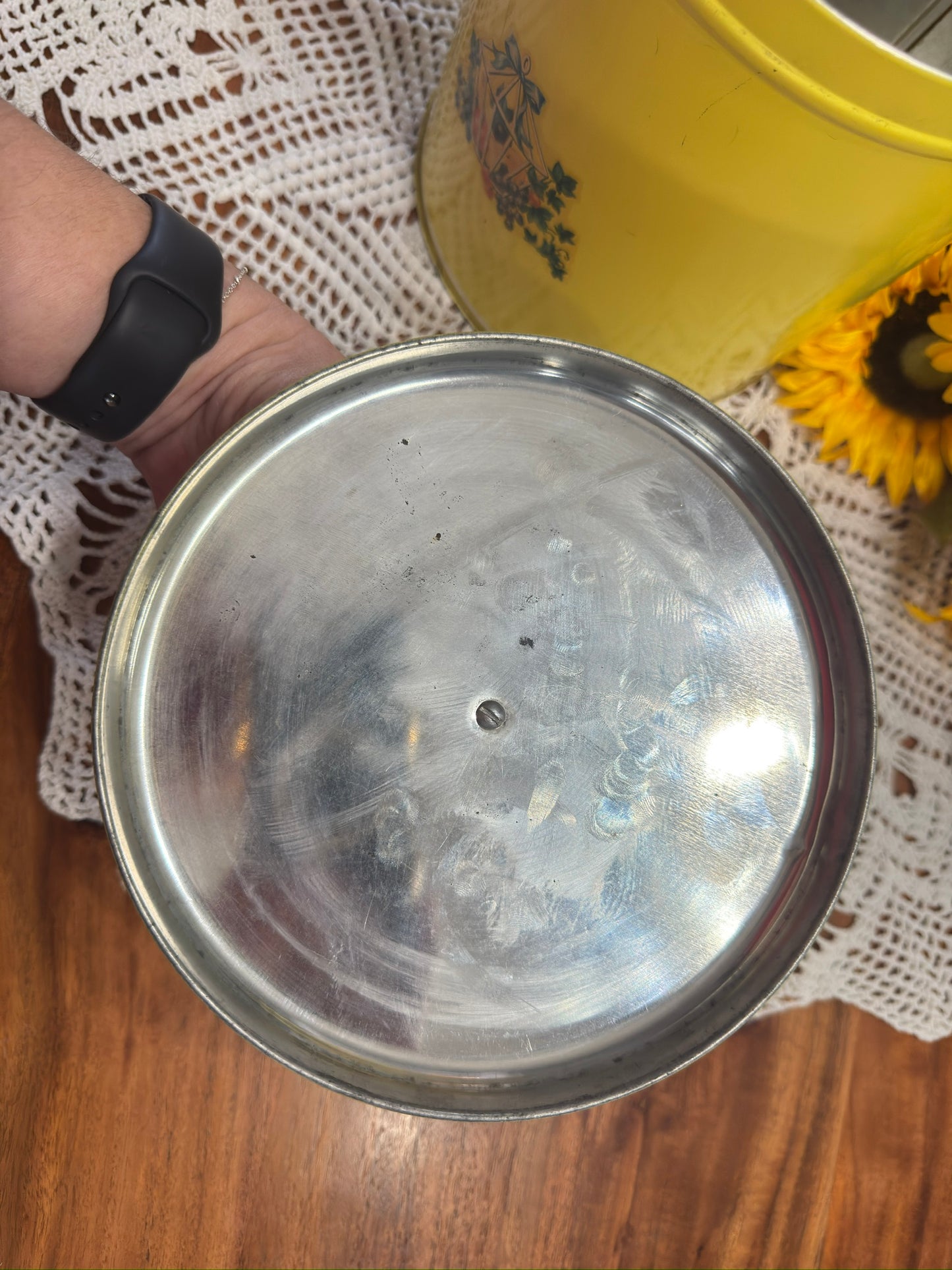Vintage Yellow Tin Canister With Fruit/Vine Motif