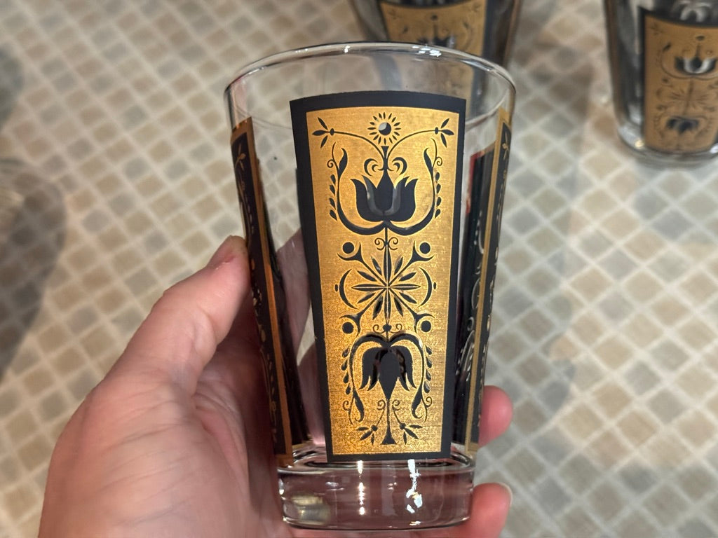 Dominion Glass Black & Gold Tulip Design Drinking Glasses (Set of 6)