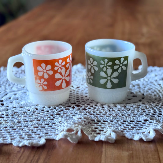 Fire-King Daisy Pattern Stackable Coffee Mugs