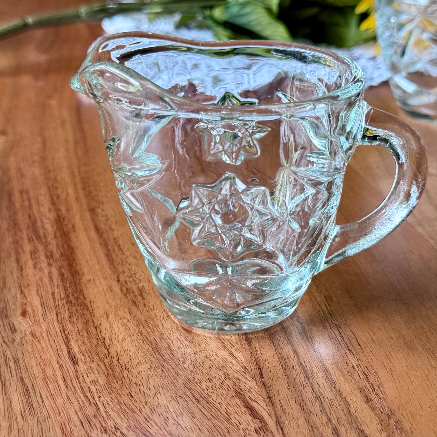 Anchor Hocking Star of David Cut Glass Creamer and Covered Sugar Set
