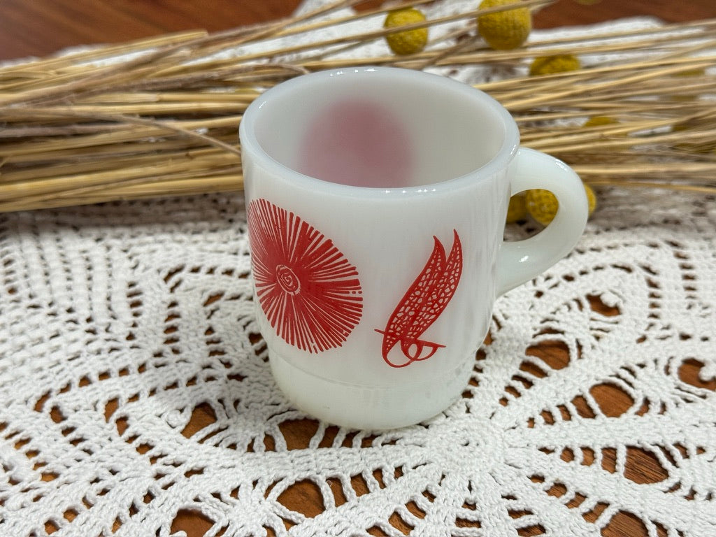 Anchor Hocking Fire-King Red Feathered Floral Stackable Milk Glass Mug