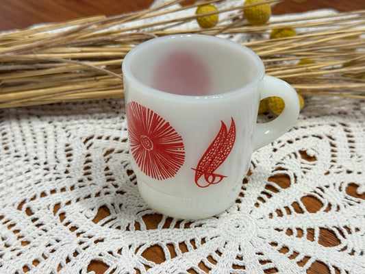 Anchor Hocking Fire-King Red Feathered Floral Stackable Milk Glass Mug