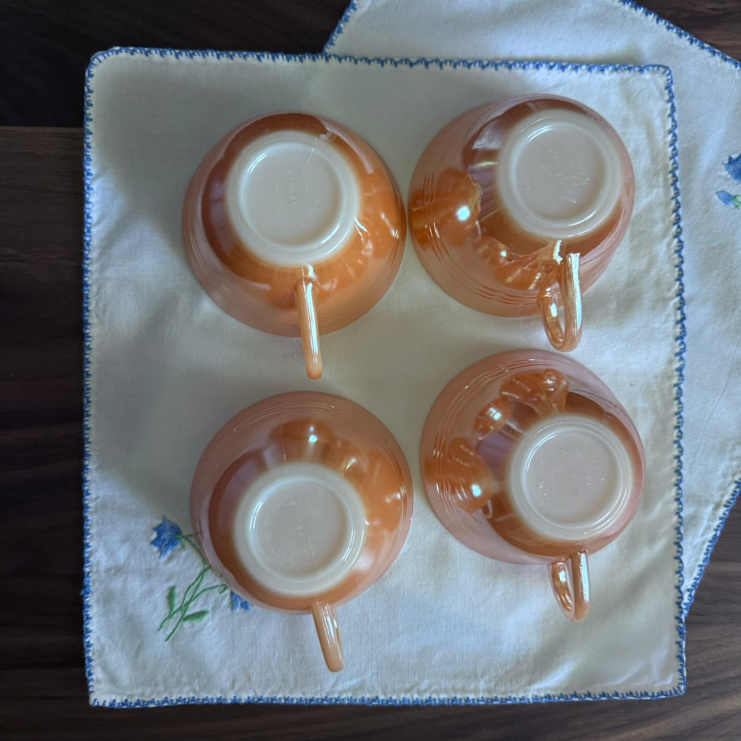 Fire King Peach Lustreware Teacups and Saucers