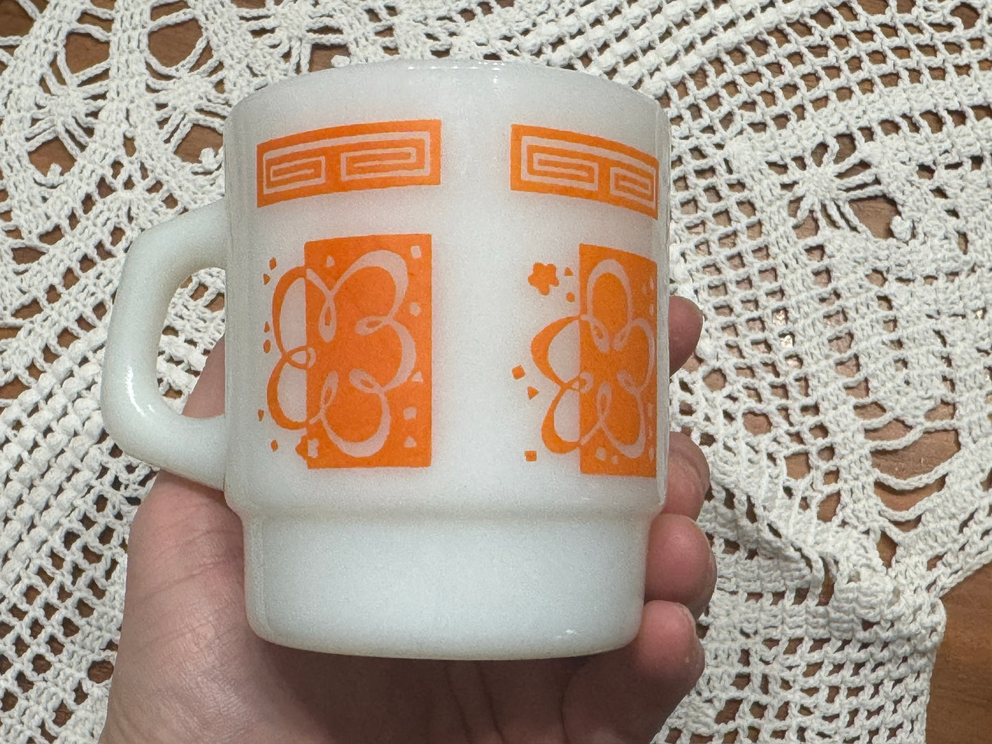 Anchor Hocking Fire-King Stackable Atomic Cloud/Flower Milk Glass Mugs