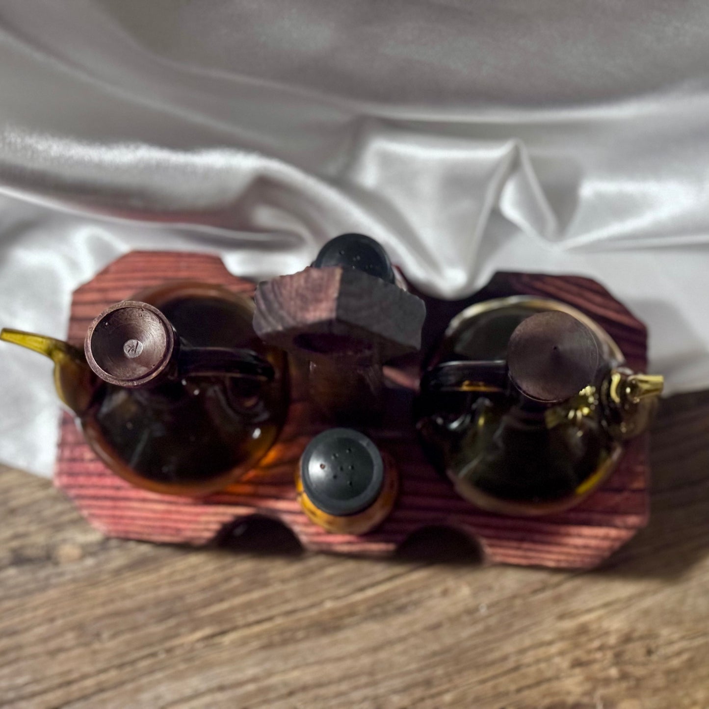 Amber Glass Cruet Set with Wood Base