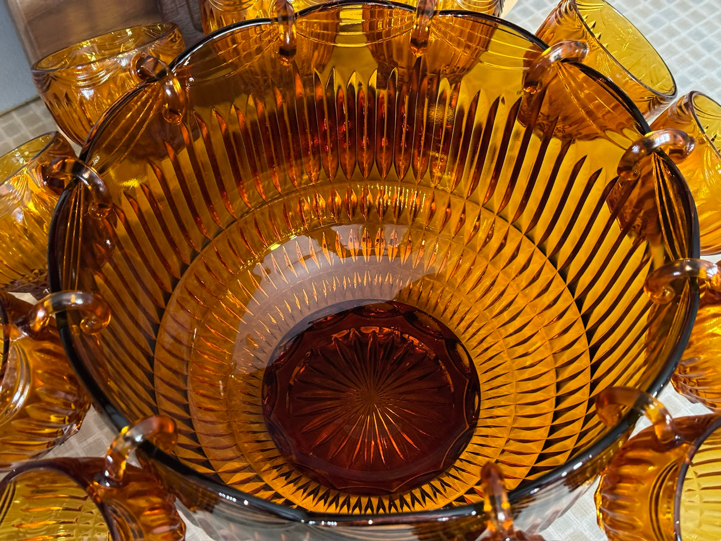 Vintage Amber Colony Royal Drape Punch Bowl & Cups