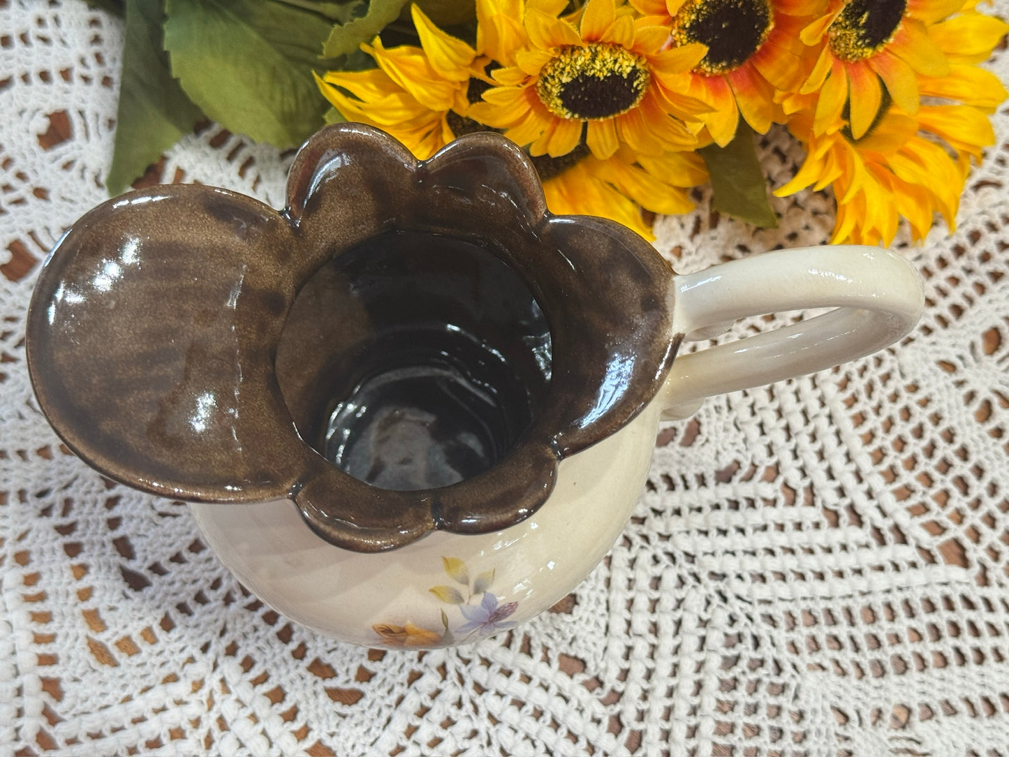 Small Ivory/Brown Ceramic Hand Painted Vase/Pitcher