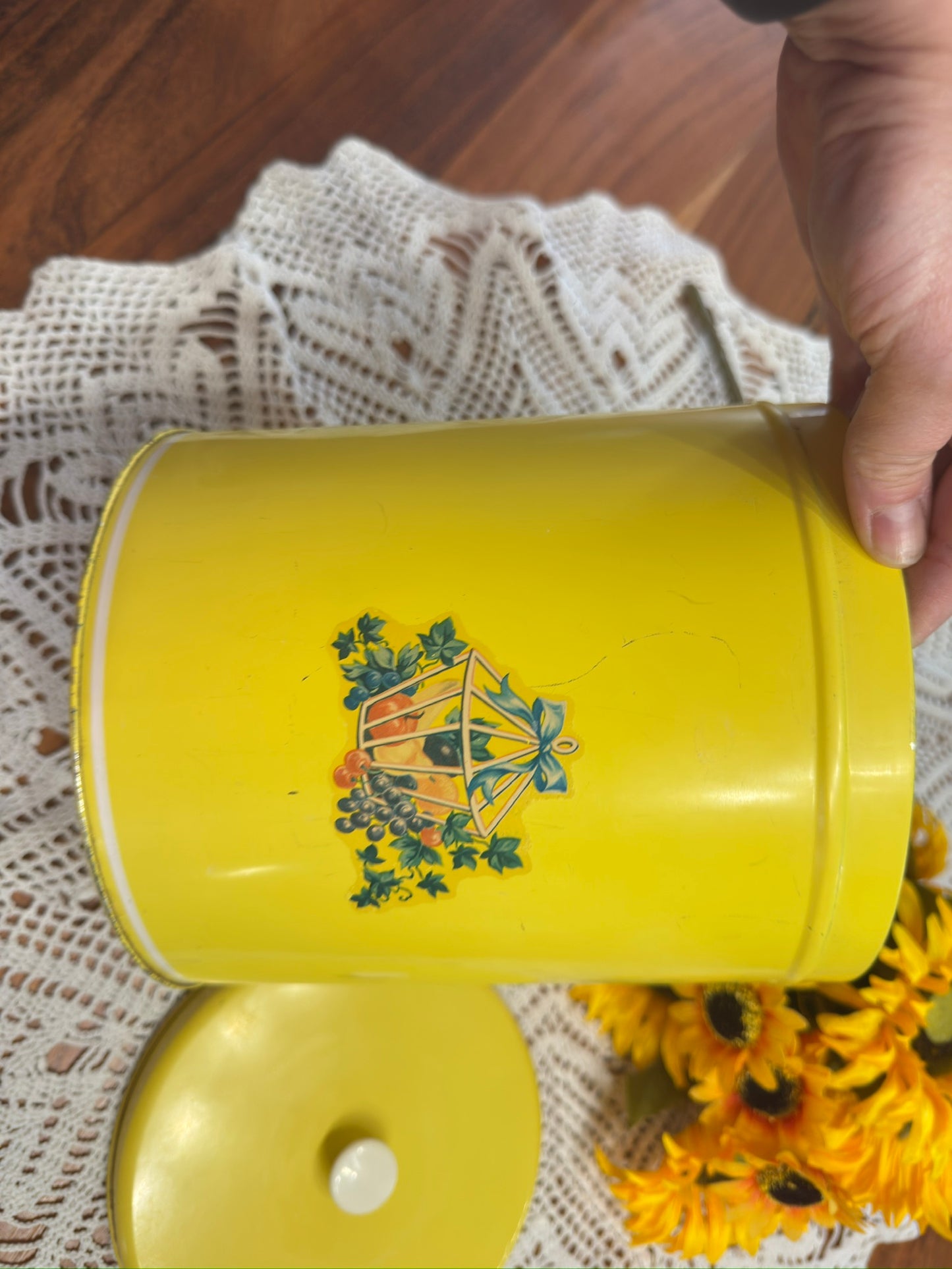 Vintage Yellow Tin Canister With Fruit/Vine Motif