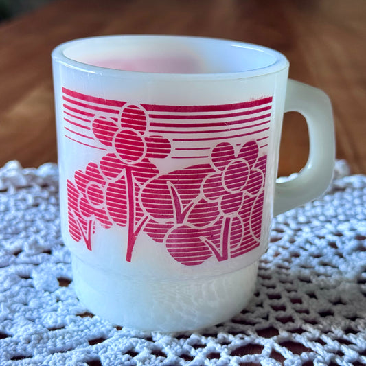 Anchor Hocking Fire-King Milk Glass Red Stripes and Floral Design Mug