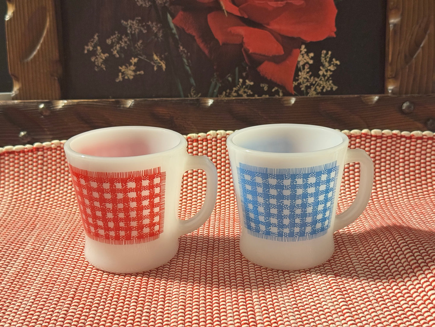 Anchor Hocking Fire-King Red/Blue Gingham Milk Glass Mugs