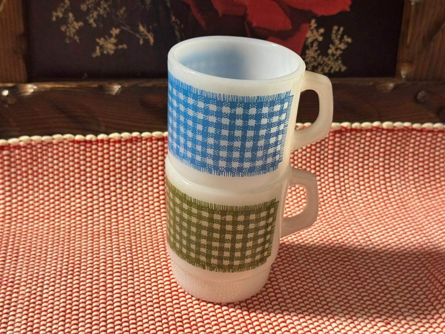 Anchor Hocking Fire-King Stackable Gingham Milk Glass Mugs