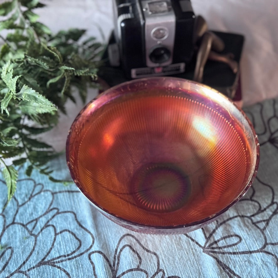 Carnival Glass Marigold/Orange Floral and Ribbed Bowl