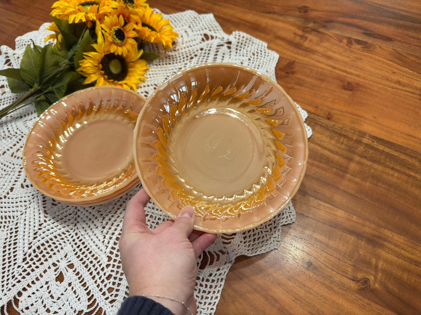 Anchor Hocking Fire-King Peach Luster Soup Bowls Swirl Pattern