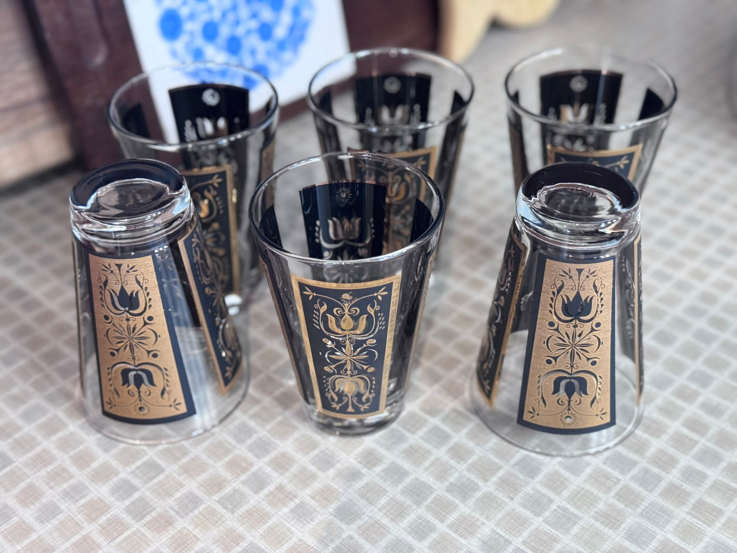 Dominion Glass Black & Gold Tulip Design Drinking Glasses (Set of 6)