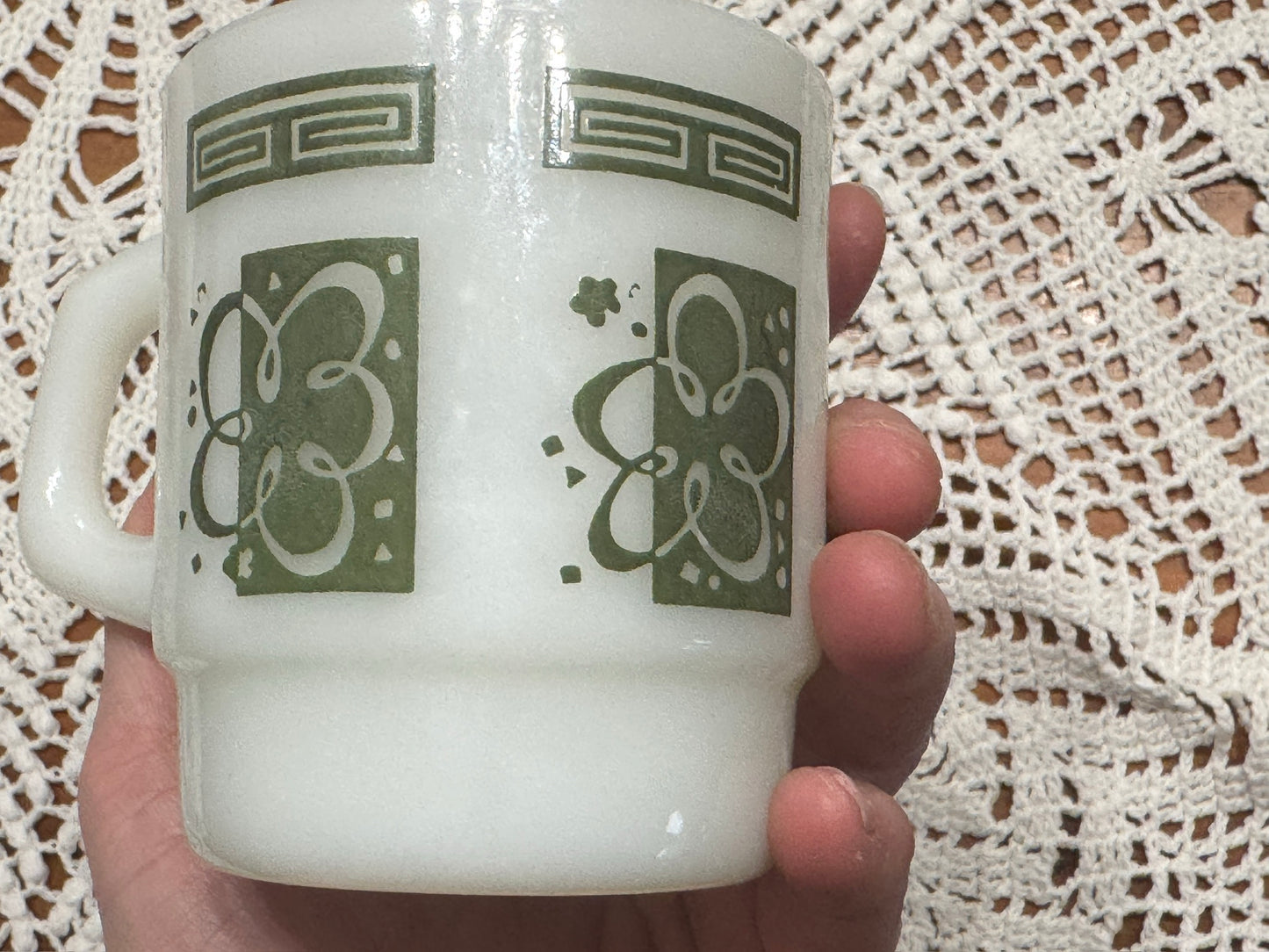 Anchor Hocking Fire-King Stackable Atomic Cloud/Flower Milk Glass Mugs