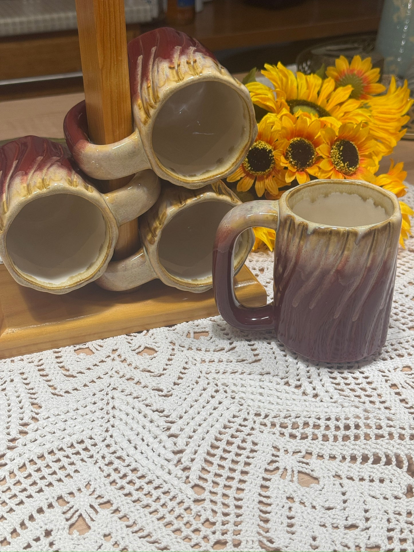 Rodolfo Padilla Stoneware Mugs With Wood Rack