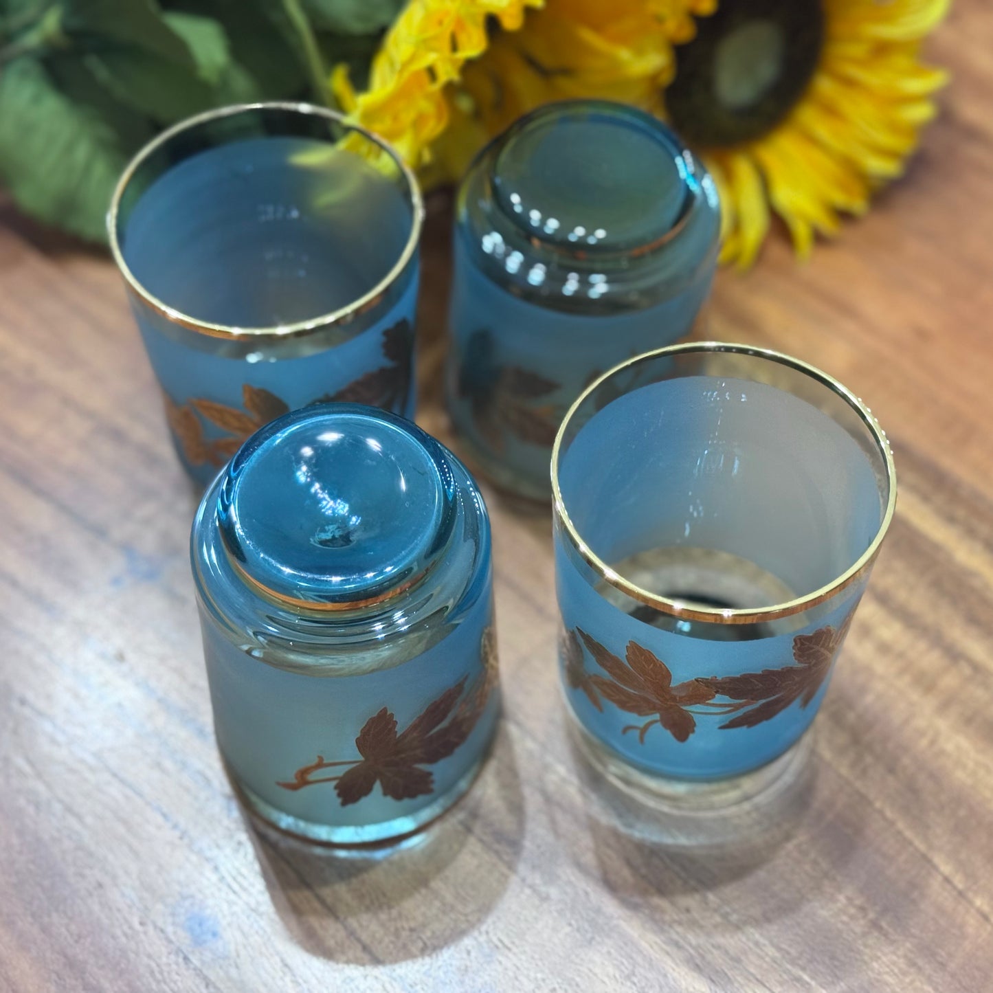 Bohemian Blue Glass with Gold Leaf Motif Design Tumblers