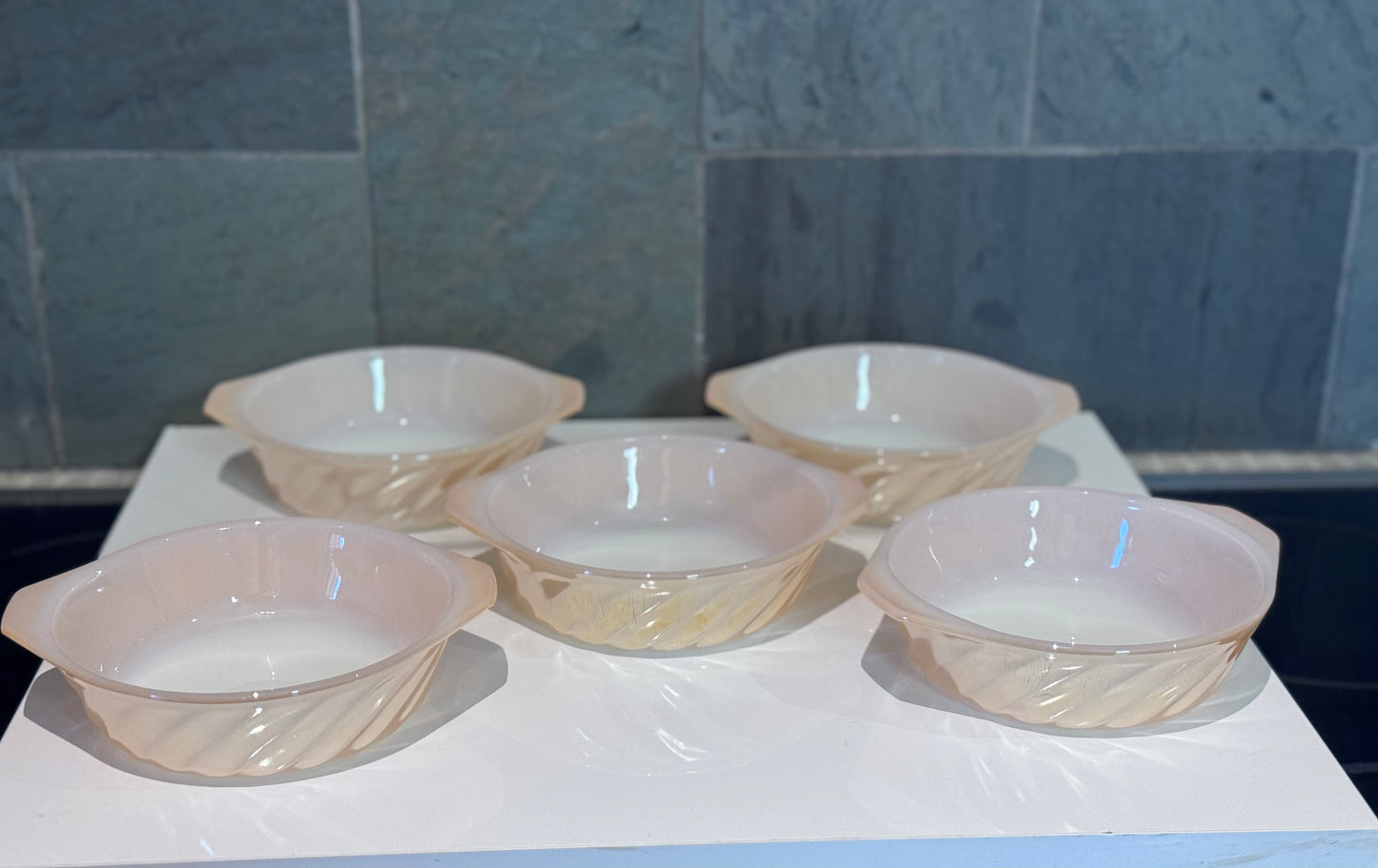Anchor Hocking Fire-King Small Round Peach Luster Swirl Casserole Ramekin Bowls