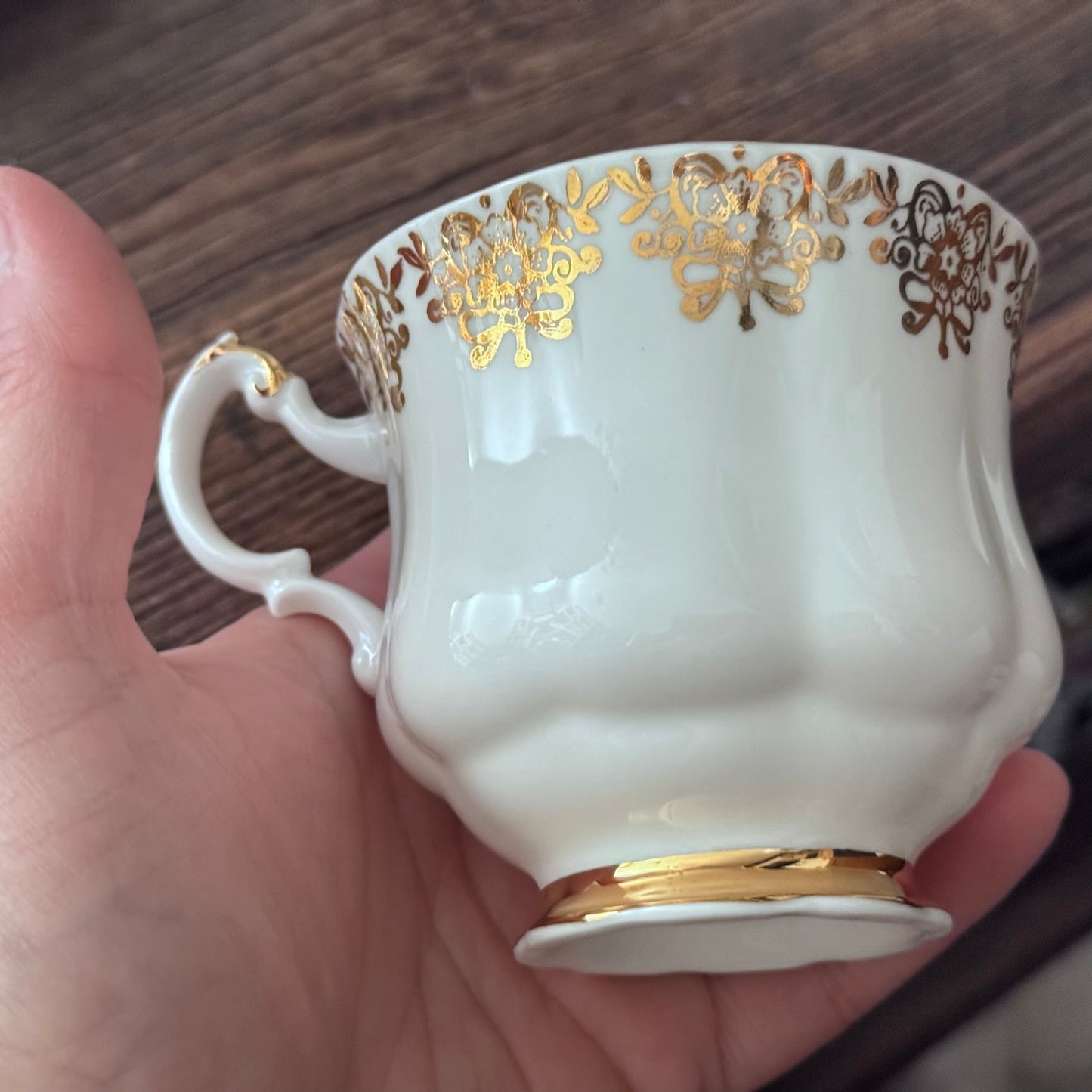 Paragon 'Joyeux Anniversaire' Golden Floral Pattern Teacup and Saucer