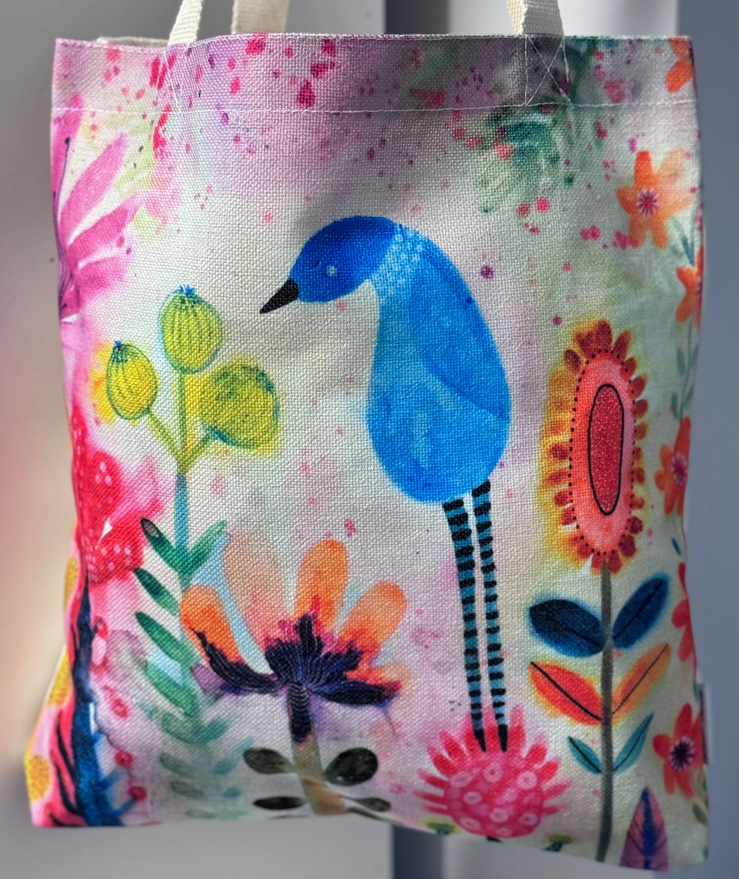 Long Legged Blue Bird and Floral Tote Bag